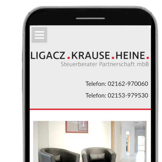 Mobiles Webdesign mit souveräner Typografie für die Steuerberaterkanzlei Ligacz, Krause und Heine